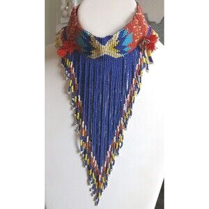 Zara Southwestern Glass Seed Bead Choker Fringe Statement Necklace